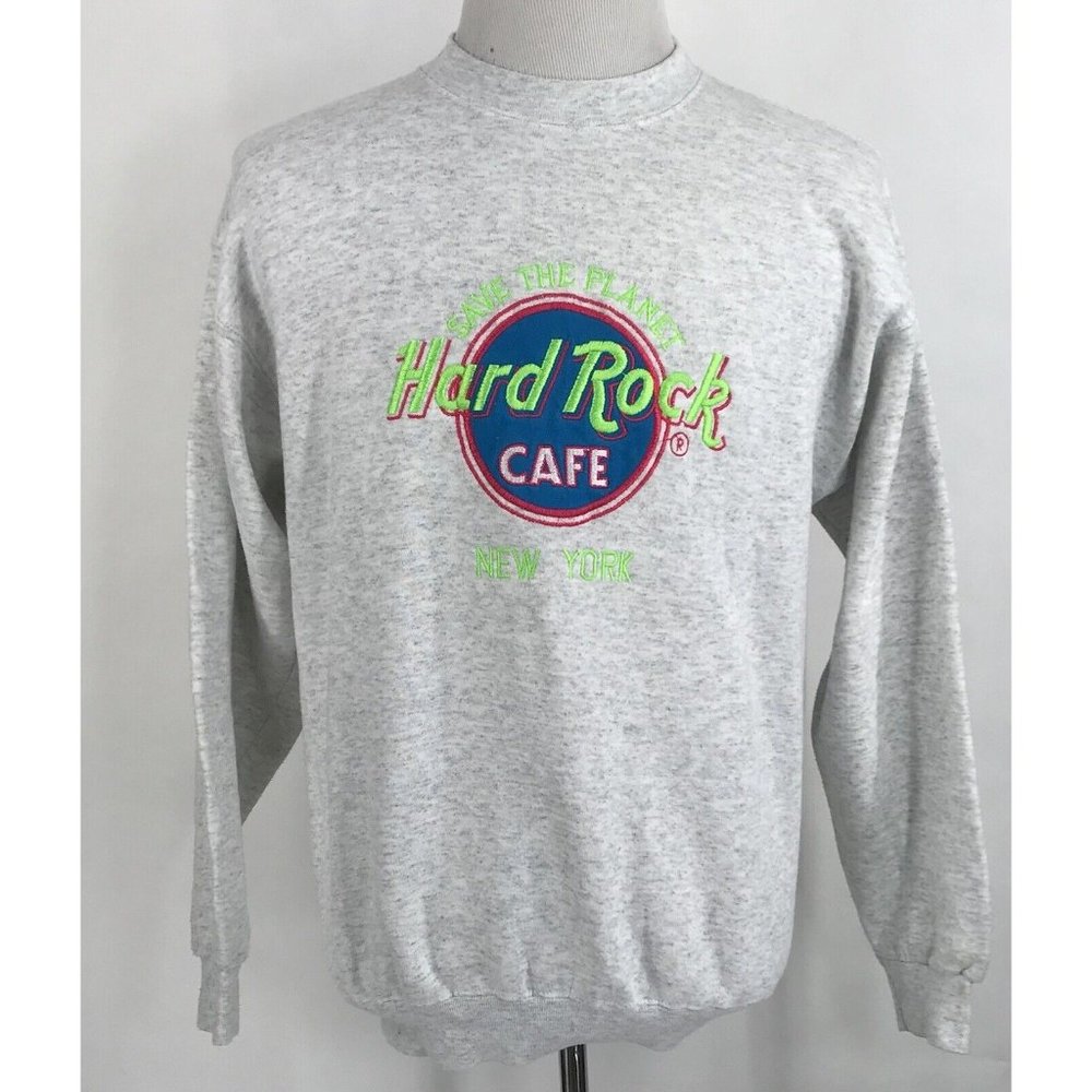 Vintage 80s Hard Rock Cafe New York City Gray Sweatshirt Neon Embroidered Large‎